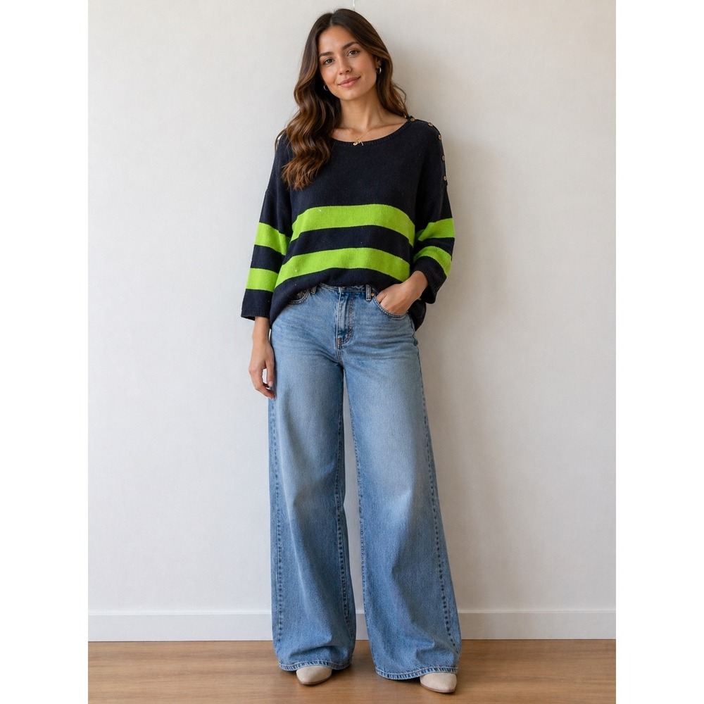 Gap Womens Navy Lime Green Striped Cashmere Blend Button Shoulder Sweater‎ Small